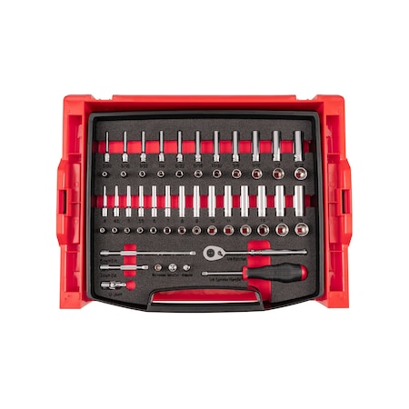 Tekton 58pc 1/4 In Dr 6pt Socket and Ratchet Set with Open Top Drawer and Rack 5/32-9/16 in., 4-15 mm OLB94303